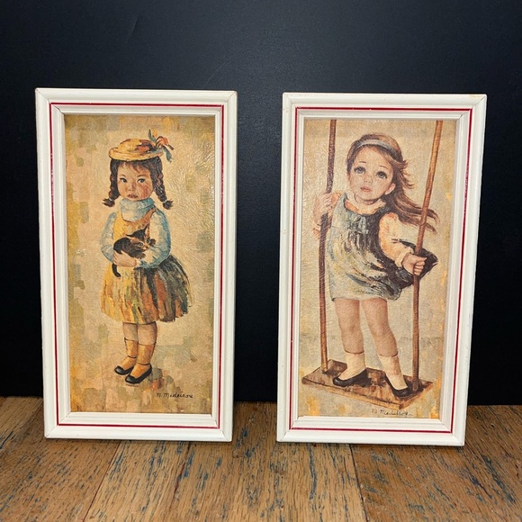 📍🧡M. MEDEIROS – Pair of Framed Vintage Prints – Girls with Swing & - Picture 1 of 7